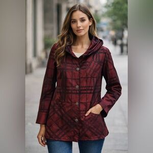 Elegant Burgundy Plaid Women's Trench Coat